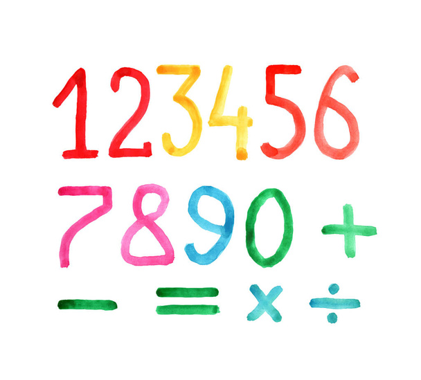 Set of numbers and arithmetic signs, imitation of watercolor - Vektori, kuva