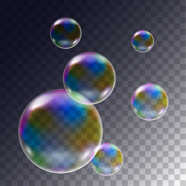 Ilustração realista do conjunto de bolhas de sabão arco-íris voadoras em fundo transparente - vetor
 - Vetor, Imagem