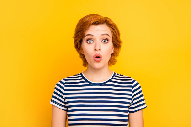 Close up photo beautiful amazing she her lady oh no expression eyes mouth widely opened unexpected wearing casual striped white blue t-shirt outfit clothes isolated yellow bright vibrant background - Foto, Bild