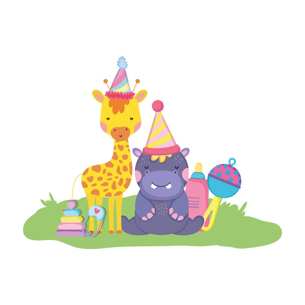 pequeña jirafa e hipopótamo con sombreros de fiesta
 - Vector, Imagen