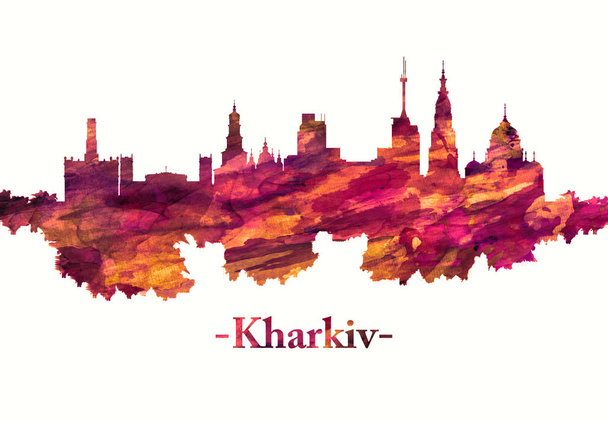 Red skyline of Kharkiv, city in northeast Ukraine - Фото, изображение
