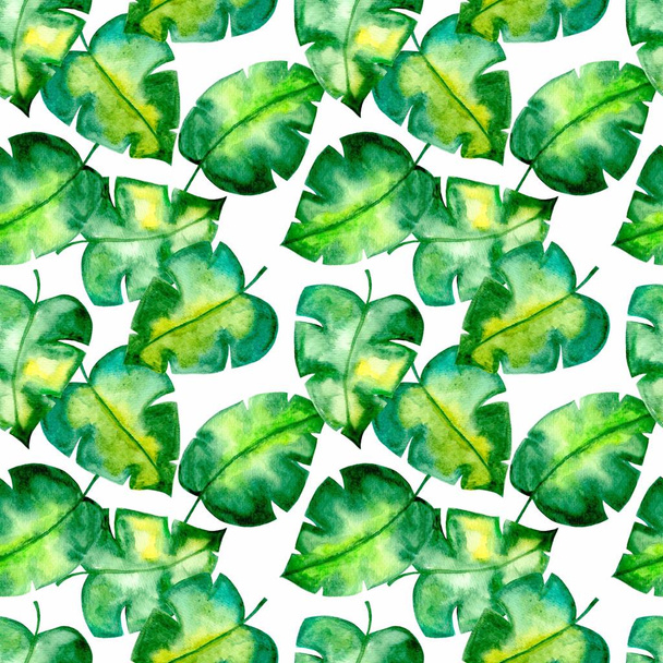 Watercolor seamless summer pattern with green palm leaves. Tropical pattern. Illustration on a white background. - Photo, Image