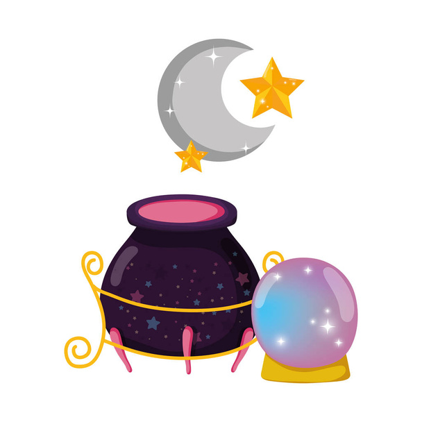 magic witch cauldron with crystal ball - Vector, Image