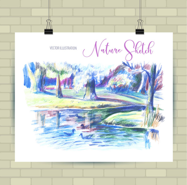 Sketching illustration in vector format. Poster with beautiful landscape and urban elements. Hand drawn illustration. - Vektör, Görsel