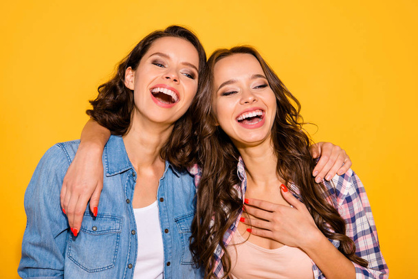Close up photo of attractive pretty millennial person listen hear joke humor react laugh enjoy excited summer satisfied glad content wear checkered denim clothing isolated on bright background  - Photo, Image