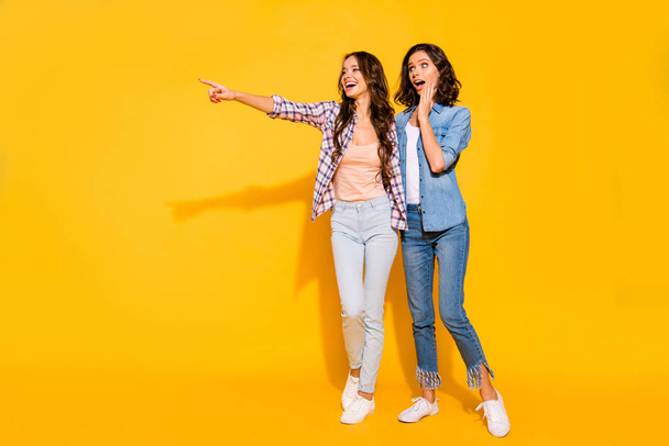 Full length body size view photo beautiful ladies astonished impressed sale choose decide recommend advertise option wow omg unbelievable touch face checked jeans shirt yellow background isolated - Фото, зображення