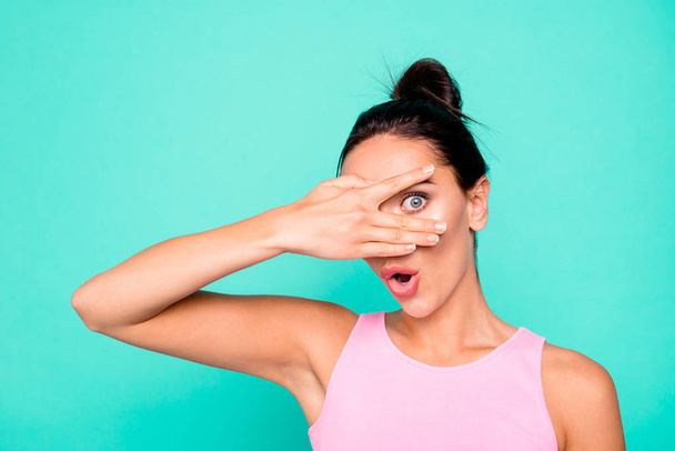 Close up photo beautiful amazing she her lady trendy hairstyle hand arm hiding eyes oh no facial expression scary movie open mouth wear casual pink tank-top clothes isolated teal turquoise background - Photo, image