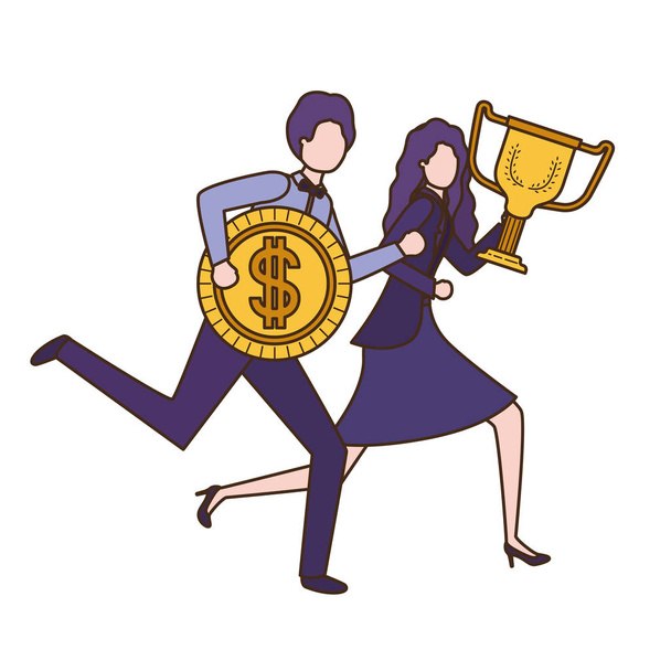 トロフィーとコインのキャラクターを持つビジネスカップル - ベクター画像