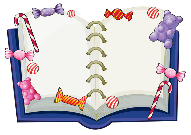 ein Buch umgeben von süßen Bonbons - Vektor, Bild
