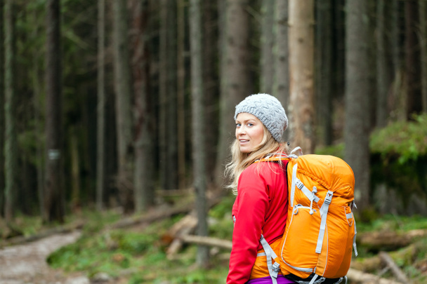 森の中をハイキングする女性 - 写真・画像