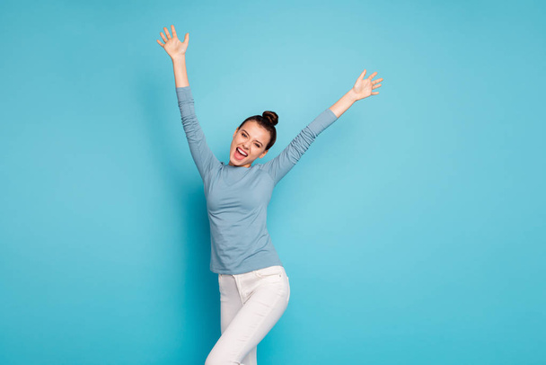 Close up photo attractive beautiful amazing she her lady funny funky trendy stylish hairstyle crazy raise hands arms up roar yell party birthday wear sweater pullover isolated blue bright background - Photo, Image