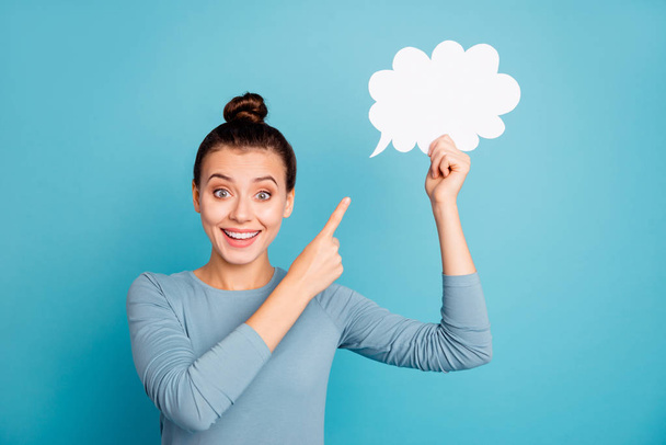 Closeup photo portrait of pretty lady pointing on think cloud isolated bright background - Foto, Bild