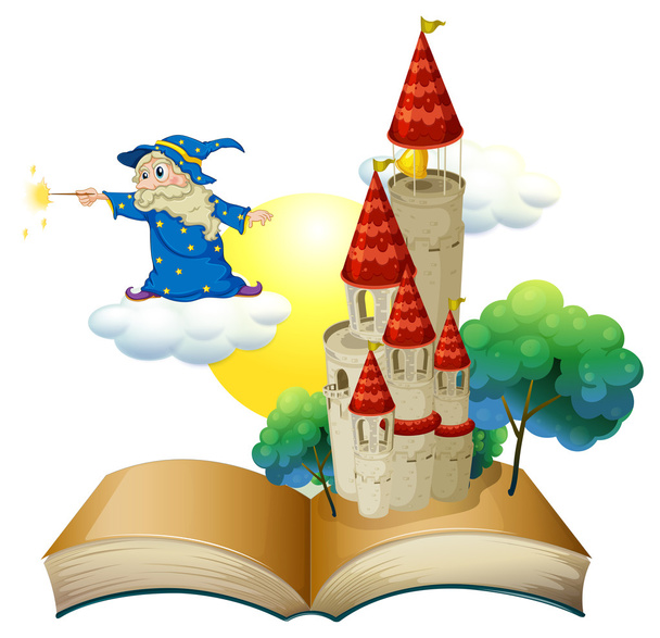ένα βιβλίο με μια εικόνα του ένα κάστρο και μάγος - Διάνυσμα, εικόνα