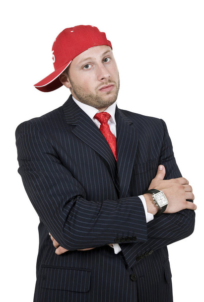businessman with cap on isolated background - Zdjęcie, obraz