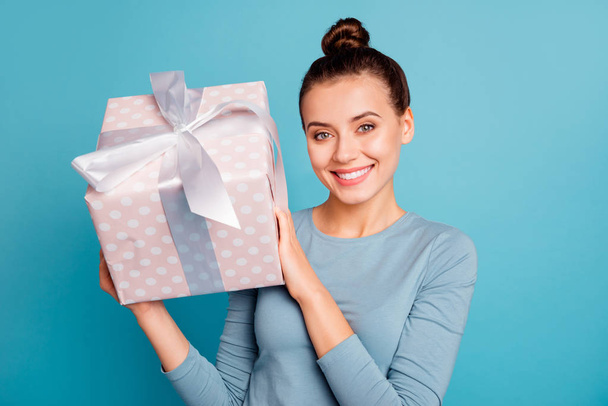 Close up photo of charming lovely person people take get give package 14-february 8-march enjoy rejoice content wear spring modern cotton clothing isolated on blue background - Foto, immagini
