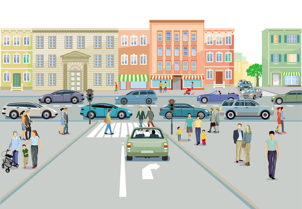 City with traffic and pedestrians on the sidewalk - Zdjęcie, obraz