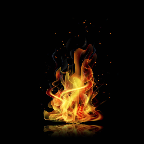 Feuerflamme. schwarzer Hintergrund. Realistisches Feuer. Vektor - Vektor, Bild