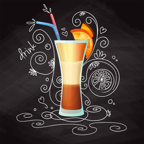 Realistic cocktail on chalk background with doodle, pattern. Vector - Vektor, kép