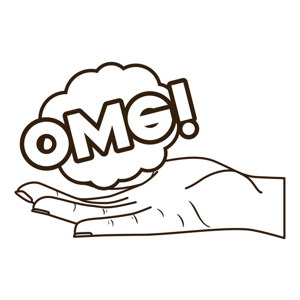 mano abierta que recibe palabras cómicas en la burbuja del habla
 - Vector, Imagen