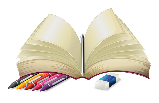 A book with a pencil, an eraser and crayons - Vector, Image