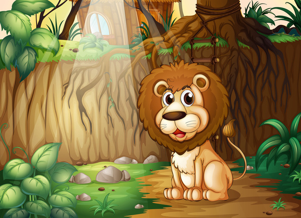 Lew siedzący w lesie - Wektor, obraz