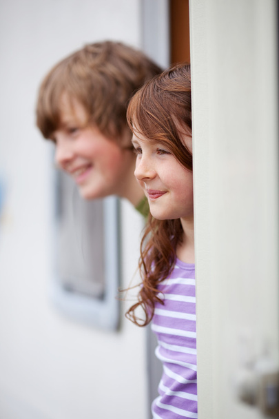 Sibling Looking Away While At Doorway Of RV - Фото, изображение