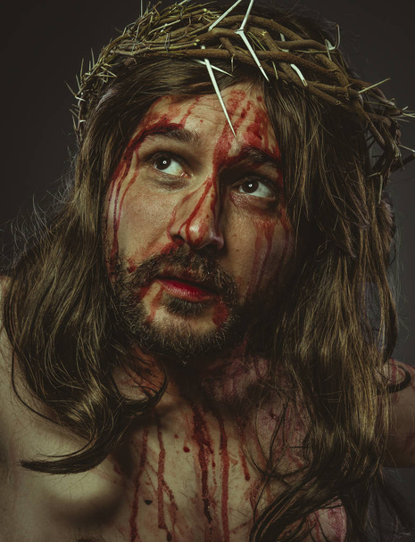 Crucifixion, representation of the Calvary of Jesus Christ on the cross. Holy Week in Spain. man with crown of thorns - Foto, Imagen