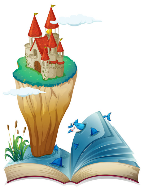 Um livro com imagem de uma ilha com um castelo
 - Vetor, Imagem