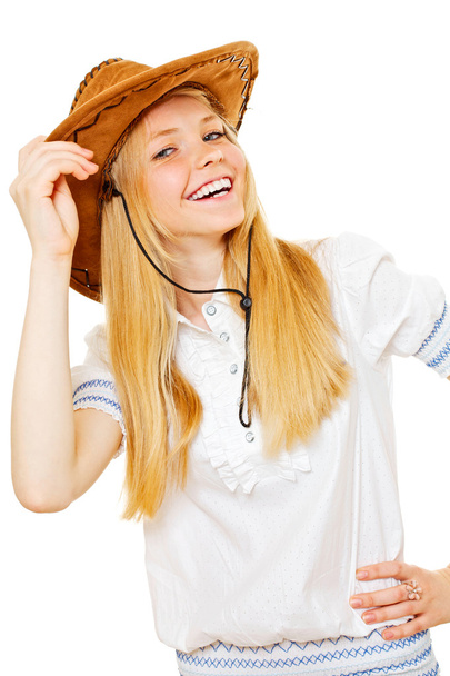 Pretty smiling cowgirl in hat and white blouse - Foto, Imagem
