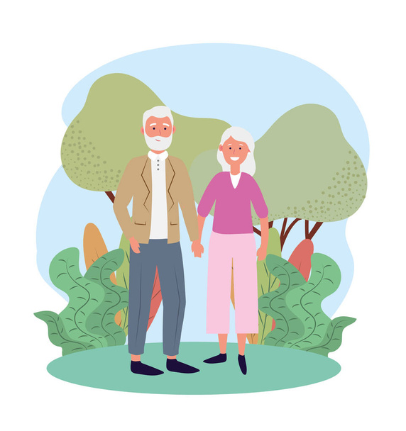cute old woman and man couple with trees and plants - Vector, Image