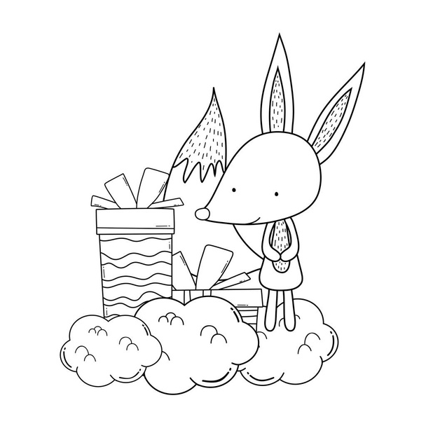 lindo y pequeño zorro con caja de regalo
 - Vector, Imagen