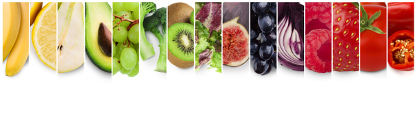 Веселкові кольори колаж зі свіжих органічних фруктів, ягід та овочів
 - Фото, зображення