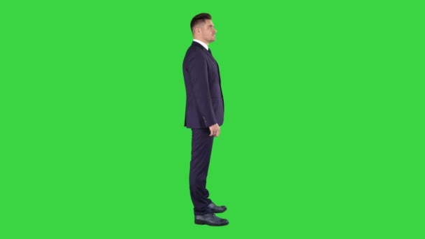 Hombre de negocios blanco senior mirando y mirando el objeto en una pantalla verde, Chroma Key
. - Imágenes, Vídeo