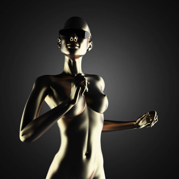 piękna złota żeńska statuetka na ciemnym tle   - Zdjęcie, obraz