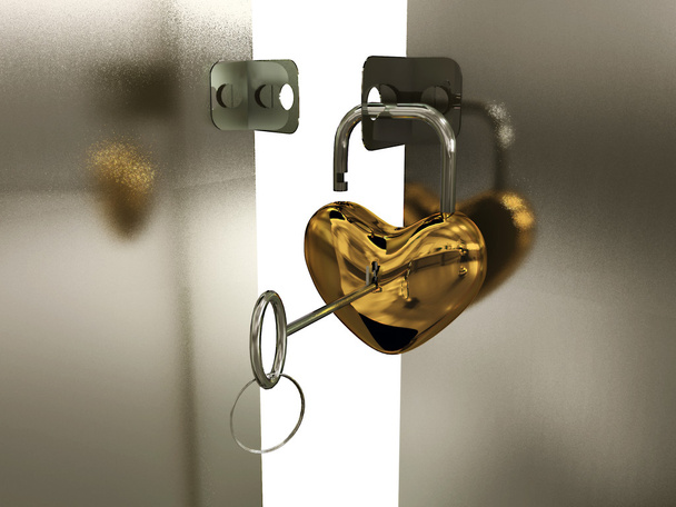 Candado de corazón con llave en la puerta
 - Foto, Imagen