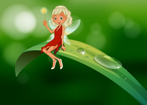 葉で座っている杖を持つ妖精 - ベクター画像