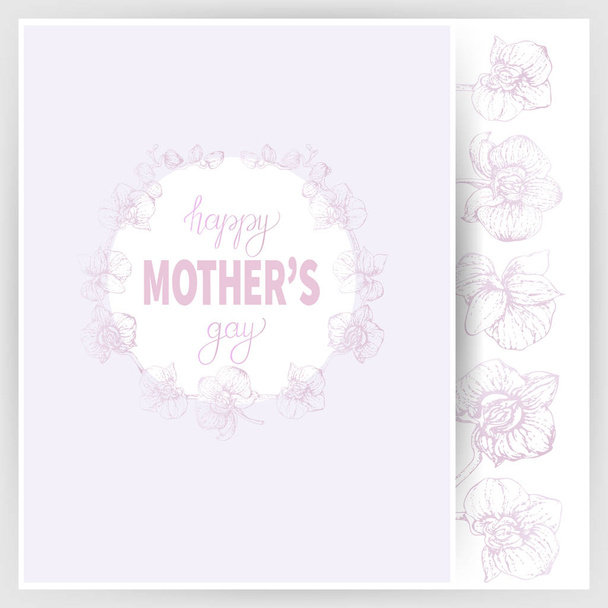  Happy Mother's Day, delicate pink lilac card, invitation banner from the outline of white orchid flowers, with a frame and an inscription on a white background in the shape of a circle. - Photo, Image