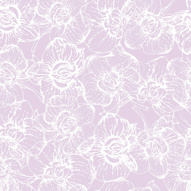 Patrón sin costuras de flores de orquídea blanca en el contorno sobre un fondo lila
. - Foto, Imagen