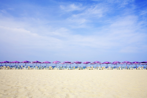 άποψη της παραλίας καλοκαίρι νωρίς το πρωί με μερικές καρέκλες και ομπρέλες - Φωτογραφία, εικόνα