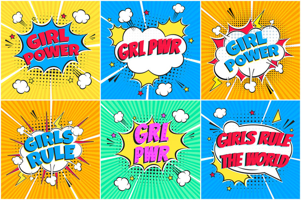 6 Comic Lettering GRL PWR, GIRL POWER, GIRLS RULE Set In The Speech Bubbles Comic Style Flat Design. Exclamation Concept Of Comic Book Style Pop Art Voice Phrase Isolated On rays Background. - Vector, Image