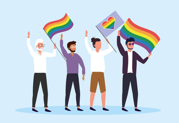 homens com bandeiras de arco-íris para a liberdade da comunidade
 - Vetor, Imagem