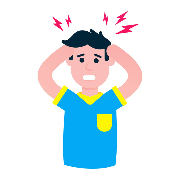Kaukasische männliche Mann hält seinen Kopf mit Kopfschmerzen flachen Stil Design Vektor Illustration isoliert auf weißem Hintergrund. Symbole für Schmerzen oder Kopfschmerzen. - Vektor, Bild