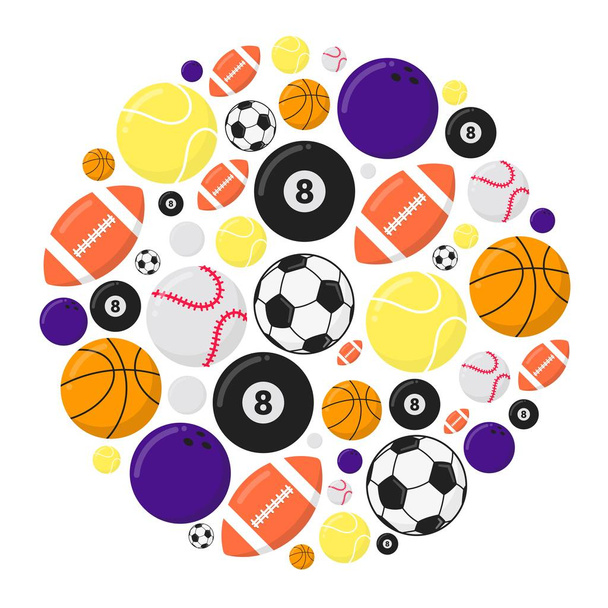 Sportovní hry koule plochý styl design vektor ilustrace nastaven na bílém pozadí. Fotbal, ping pong, basketbal, tenis, fotbal, Kulečník, Bowling, baseballové míče-symboly sportovních her. - Vektor, obrázek