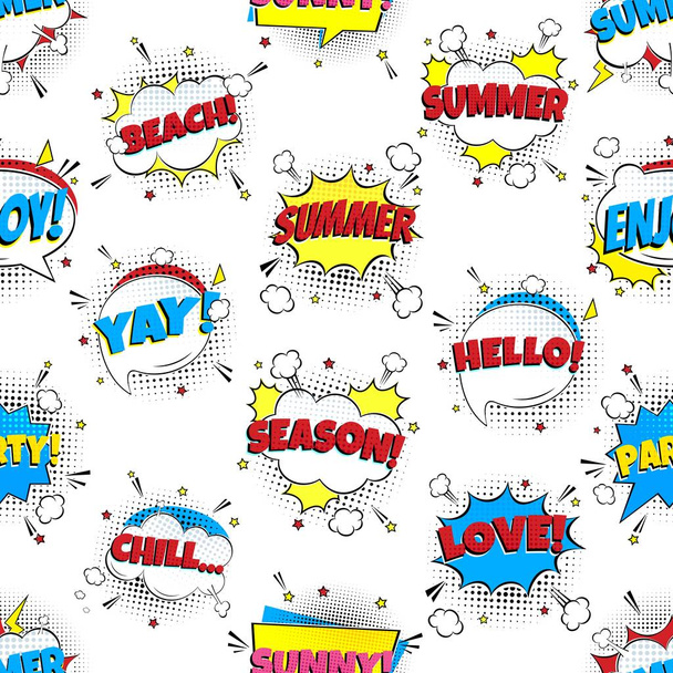 Seamless Comic Lettering Summer In The Speech Bubbles Patrón de diseño plano de estilo cómico. Ilustración dinámica del vector del arte pop aislada sobre fondo blanco
.  - Vector, imagen