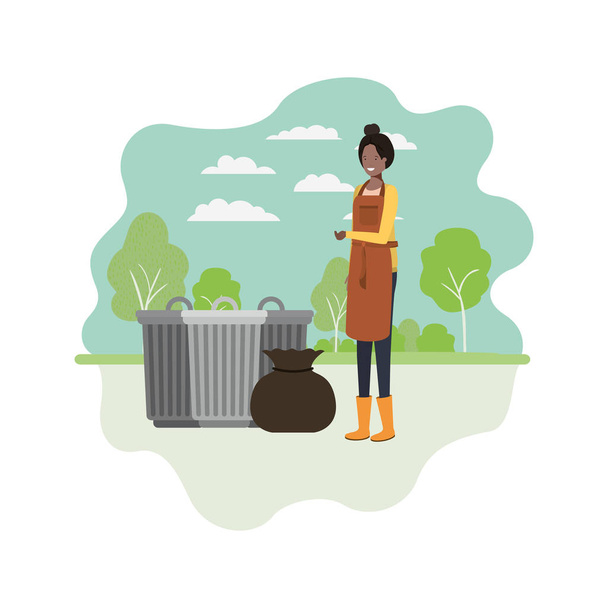 vrouw tuinier met landschap en vuilnisbak - Vector, afbeelding