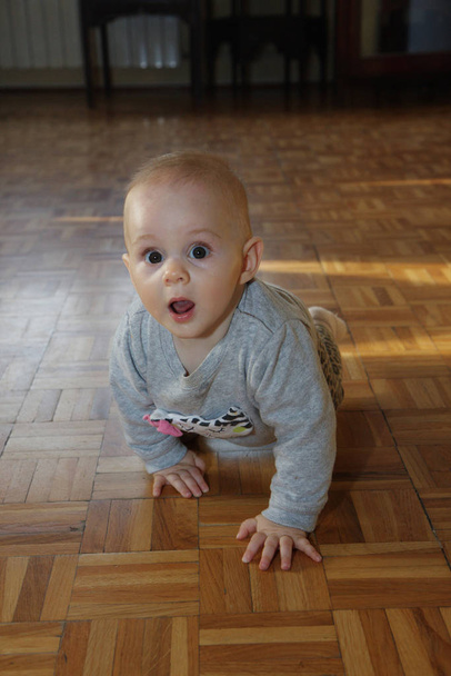 Cute baby girl crawling on the floor - Fotó, kép