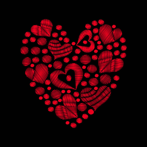 Conjunto de puntos de bordado corazón rojo imitación en la forma del corazón en
 - Vector, Imagen