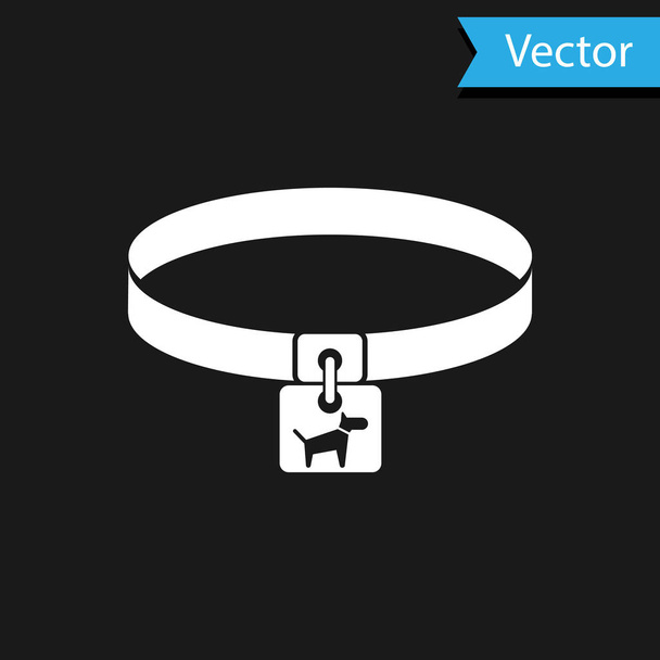 Collar White Dog con icono de etiqueta de nombre aislado sobre fondo negro. Suministros simples para animales domésticos. Cuidado de gatos y perros. Cadenas para perros. Ilustración vectorial
 - Vector, Imagen