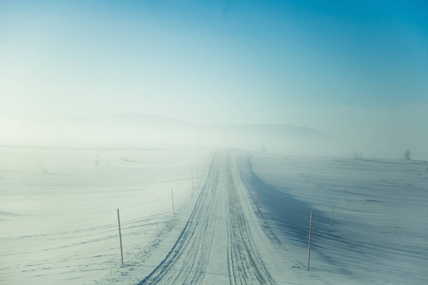 Piękny, mglisty poranek w norweskich wzgórzach w zimie. Biały, mgny krajobraz. W pobliżu małego norweskiego miasta Roros. - Zdjęcie, obraz