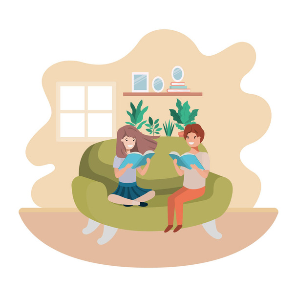 pár dětí s knihou v obývací pokoj avatar postava - Vektor, obrázek